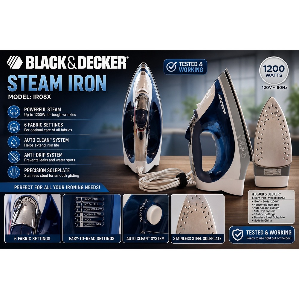 Black & Decker IR08X Steam Iron 1200W Stainless Steel Soleplate Navy Blue Silver